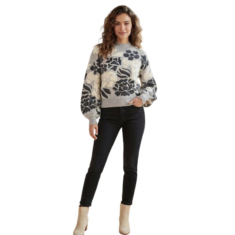 Cocobleu New York Floral Sweater Large Gray Mock Neck Cozy Winter Comfy Casual